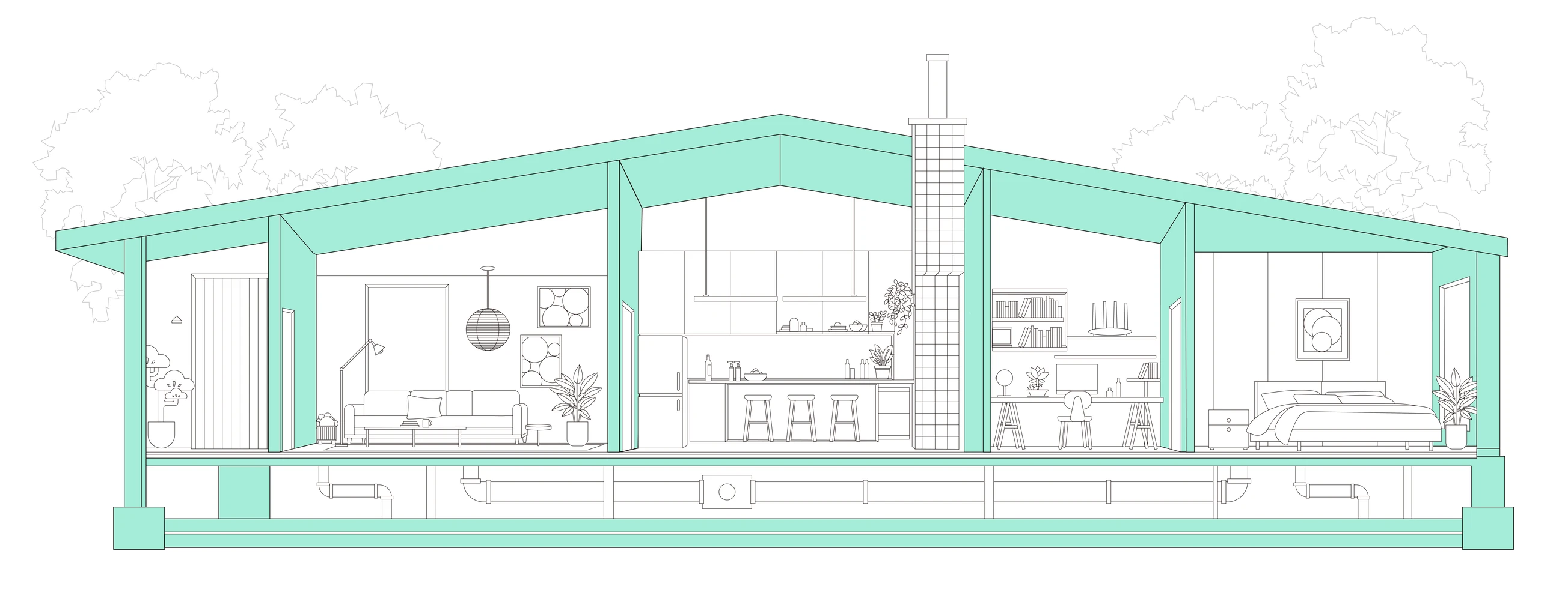 Cross-section of the Poke house with a department in every room